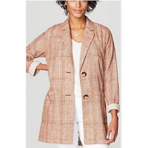 J. Jill XXL Henna Plaid Checkered‎ Relaxed Linen Cotton Boyfriend Blazer 2X - Picture 1 of 14